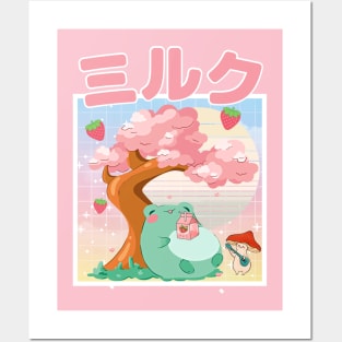 Strawberry Milk Kawaii Frog and Mushroom Posters and Art